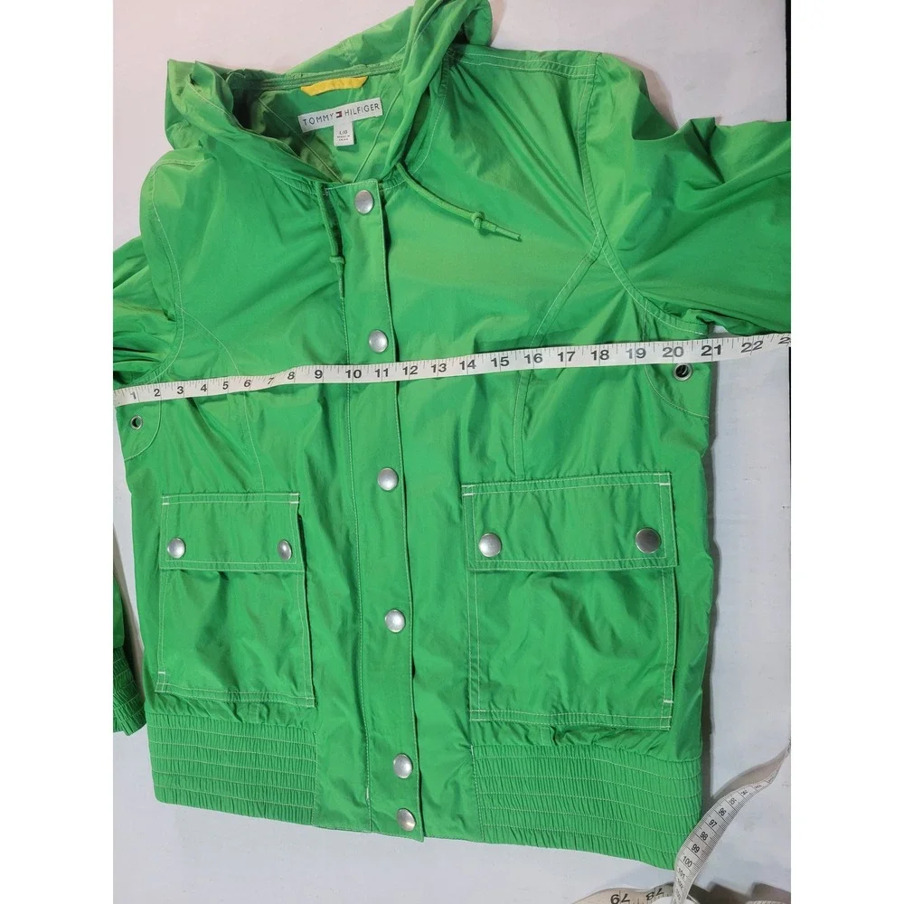 Vtg‎ Tommy Hilfiger Green Hooded Windbreaker Jacket Size L Full Zip Snap Front